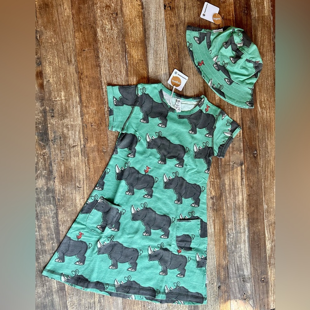 Maxomorra Green Rhino Print Dress & Hat 5-6y